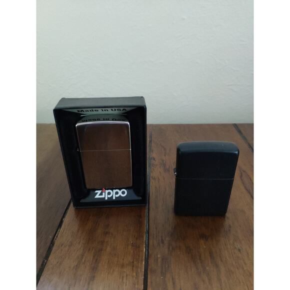 2 Zippo Lighters Chrome NEW / Black GENTLY USED - Picture 1 of 10